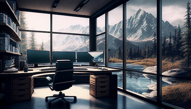 Generative AI modern computer office interior with a lovely view
