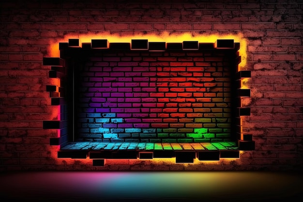 Photo generative ai modern futuristic blank brick wall background with neon lights old grunge brick wall room background colorful copy space concept