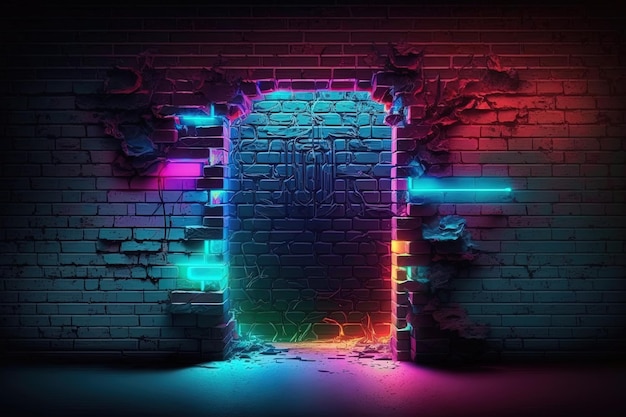 Ai generativa moderno muro di mattoni futuristico bianco sfondo con luci al neon vecchio muro di mattoni grunge sfondo della stanza concetto di spazio di copia colorato