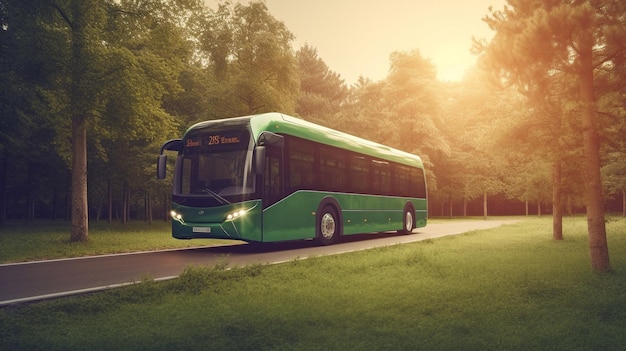 Generative AI modern green sustainable buses on the road