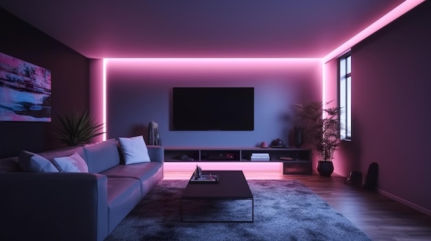 Generative Ai modern and minimalistic room with neon lights