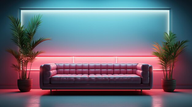 Generative AI Modern neon minimalistic interior blue and pink colors sofa table and plants