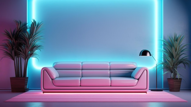 Generative AI Modern neon minimalistic interior blue and pink colors sofa table and plants