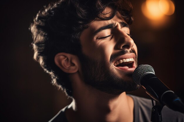 Foto ritratto generativo a tecnologia moderna di una persona sul palco utilizzando un microfono che canta una canzone in un pub bar club