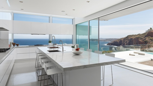 Generative AI modern white kitchen with ocean views