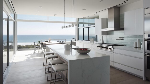 Generative AI modern white kitchen with ocean views