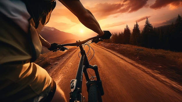 Generative AI Mountain biking man riding on bike in mountains forest landscape cyclist