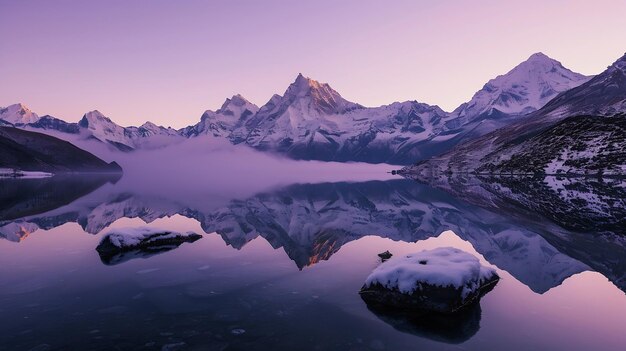 Generative AI Mountain lake with perfect reflection at sunrise Beautiful landscape with purple sk