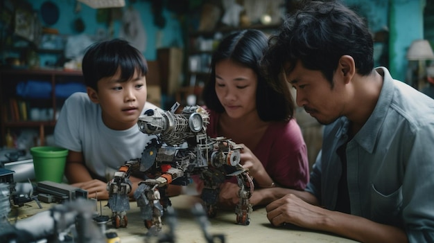 기술 모델을 구축하는 두 명의 십대 자녀를 둔 세대적 AI 다인종 가족 아빠