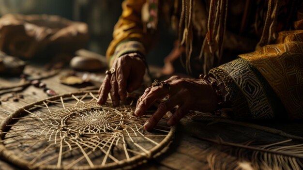 Generative AI A Native American craftsman creating intricate dream catchers or jewelry using