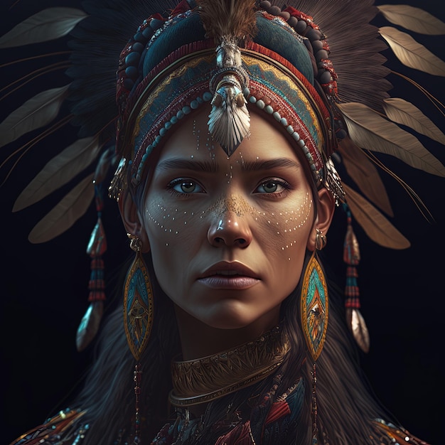 Photo generative ai native american woman in ceremonial head dress reflection of the silhouette of tribal ancestors in her eyes close up of colorful dressed native woman isolated on black background