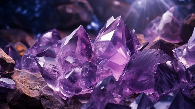 Generative AI Natural cluster of Amethyst violet variety of quartz close up macro with reflection