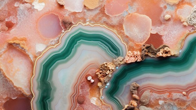 Photo generative ai natural volcanic agate stones closeup light pink green and golden texture wallpaper background quartz marble decorative rock pattern