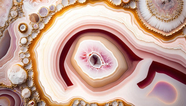 Generative AI natural volcanic agate stones closeup light pink magenta and golden texture