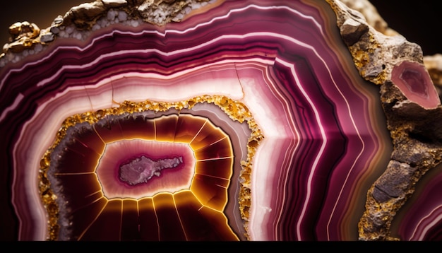 Генеративный AI натуральный вулканический агат крупным планом светло-розовый пурпурный и золотая текстура