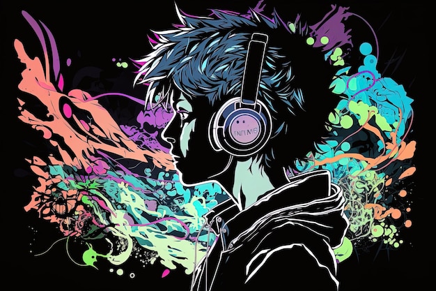 Generative AI an neon gamer anime fashion boy or man wearing headphones lost in his music abstract background that evokes the feeling of different genres of music banner music concept