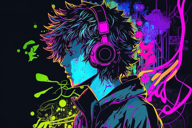 Generative AI an neon gamer anime fashion boy or man wearing headphones lost in his music abstract background that evokes the feeling of different genres of music banner music concept