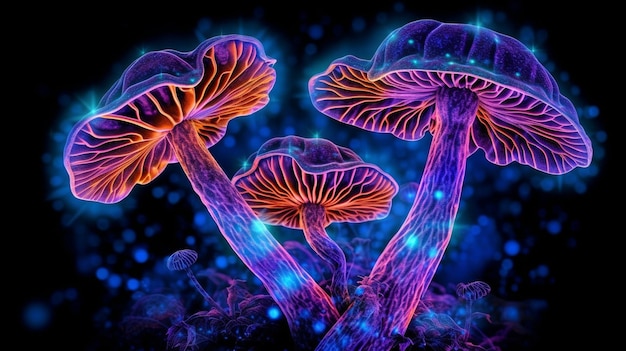 Foto funghi generativi di psilocibina psichedelica al neon ai