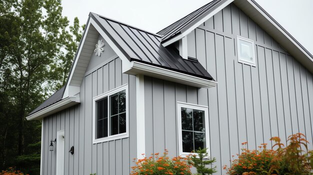 Photo generative ai new manufactured home with red vinyl siding and windows with white lineals