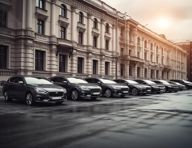 Generative AI Newly made passenger SUVs cars parked in a row among other manufacturer models awaitin