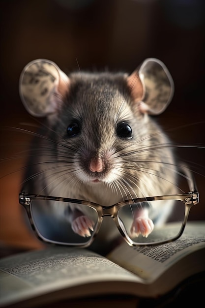 Generative AI Nice and adorable little mouse with glasses reading a book standing on a table