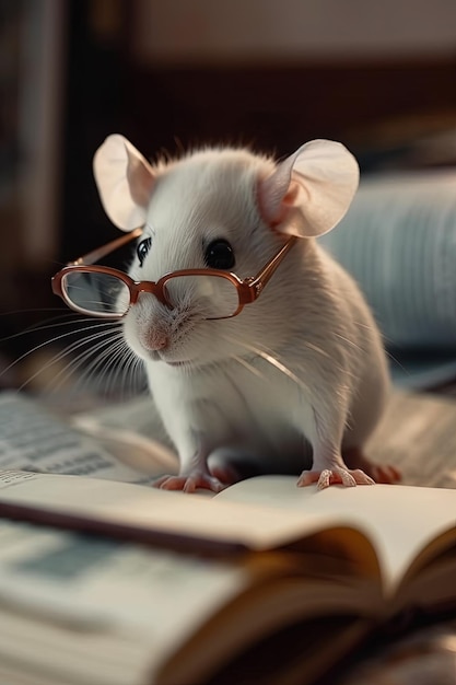 ジェネレーティブ AI テーブルの上に立って本を読んでいる眼鏡をかけた素敵で愛らしい小さなマウス