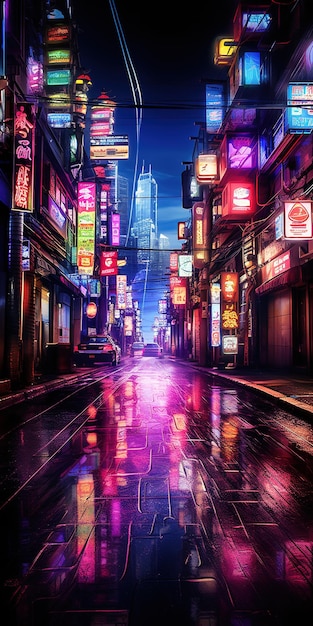 Generative AI Night scene of after rain city in cyberpunk style futuristic nostalgic 80s 90s