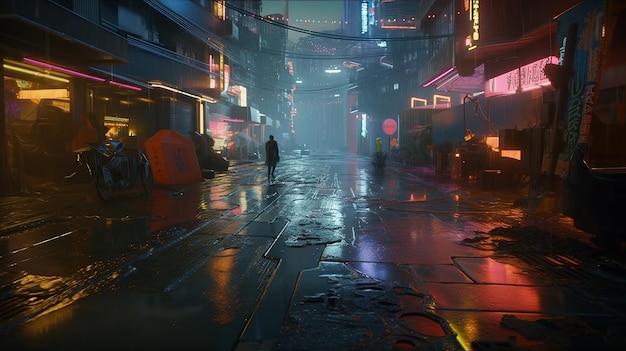 Generative AI Night scene of after rain city in cyberpunk style futuristic nostalgic 80s 90s