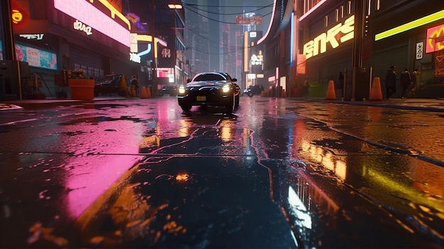 ジェネレーティブ AI サイバー パンク スタイルの未来的なノスタルジックな 80 年代 90 年代の雨上がりの街の夜景