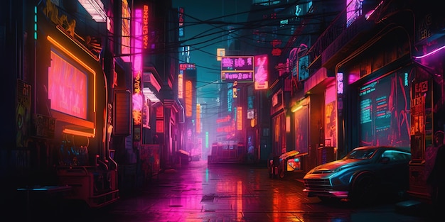 Generative AI Night scene of after rain city in cyberpunk style futuristic nostalgic 80s 90s