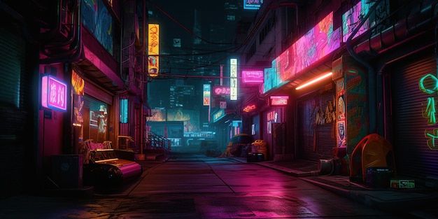 Generative AI Night scene of after rain city in cyberpunk style futuristic nostalgic 80s 90s