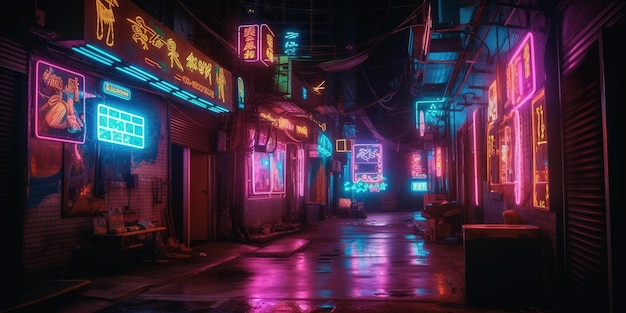 Generative AI Night scene of after rain city in cyberpunk style futuristic nostalgic 80s 90s