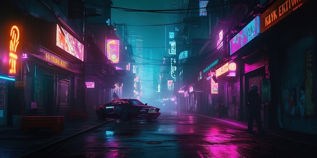 Generative AI Night scene of after rain city in cyberpunk style futuristic nostalgic 80s