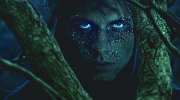 Photo generative ai nighttime man in haunted forest fantasy