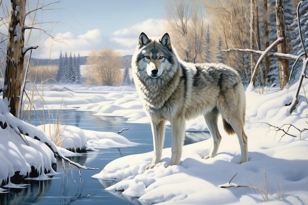 Генеративный ИИ Североамериканский серый волк в зимнем пейзаже