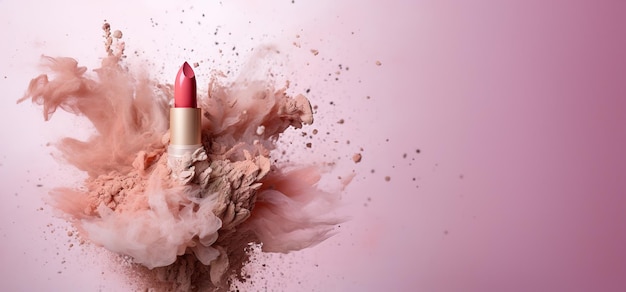 Generative AI Nude beige color lipstick beige and pink powder splashes and smoke with copy space