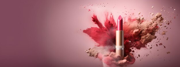 Generative AI Nude beige color lipstick beige and pink powder splashes and smoke with copy space