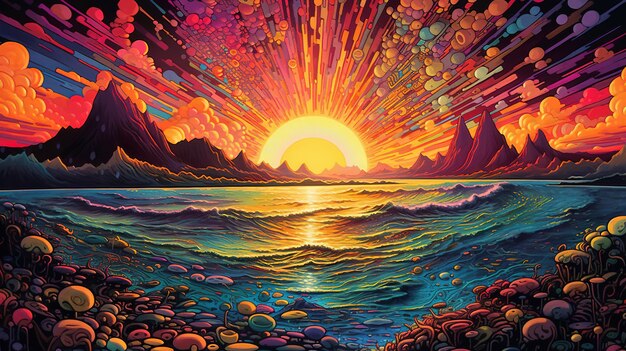 Generative AI ocean in the sunset linear illustration psychedelic manga style highly detailed