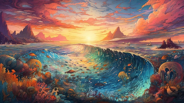 Generative AI ocean in the sunset linear illustration psychedelic manga style highly detailed