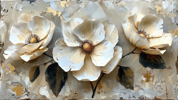 3D絵画 春の花をキャンバスに描く 麗な抽象的な白とベーグ
