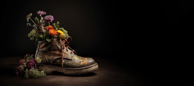 Generative AI Old boot with meadow spring flowers handmade shoe planter Environmental activism