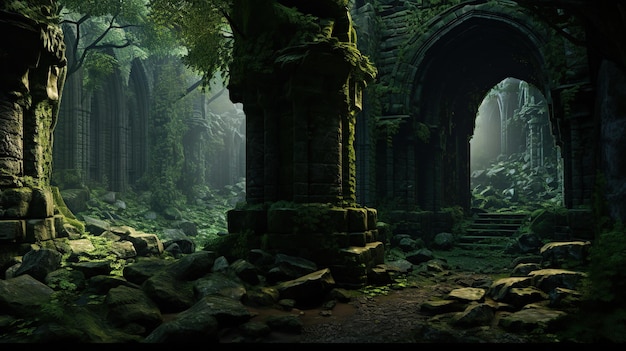 Generative AI Old green ruins of historical building overgrown by moss and grass