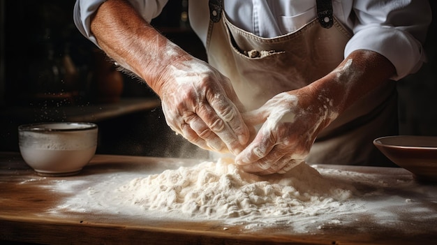 Generative AI Old man hands of baker in restaurant or home kitchen prepares ecologically