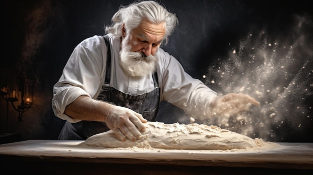 Generative AI Old man hands of baker in restaurant or home kitchen prepares ecologically