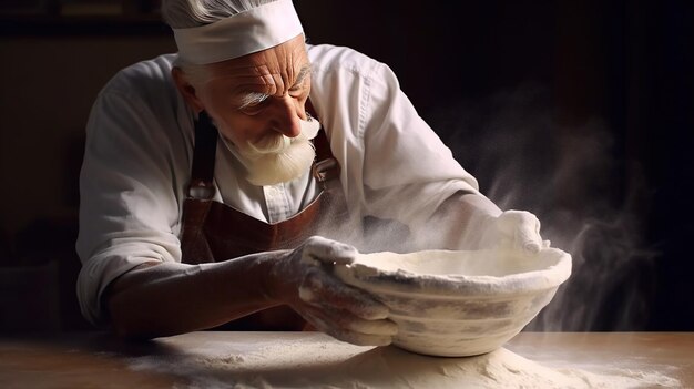 Generative AI Old man hands of baker in restaurant or home