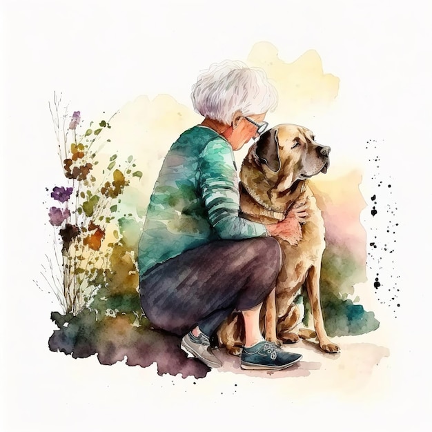 Generative Ai old person embracing their pet created using watercolor technique