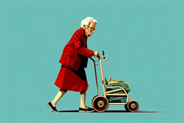 ベクトルイラストスタイルのウォーカーに助けられて歩く老婦人の生成Ai