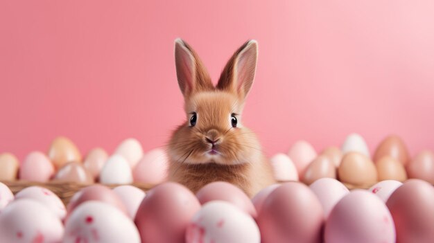 Generative AI one small red rabbit with eggs on a pink minimalistic studio background Charming pet rodent Front view portrait Easter bunny concept