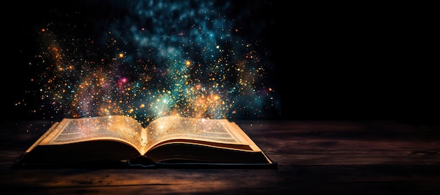 Генеративный ИИ открывает антикварную книгу на темном фоне с волшебными огнями блеск размытый слой
