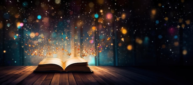 Генеративный ИИ открывает старинную книгу на деревянном столе с размытым наложением блеска волшебных огней